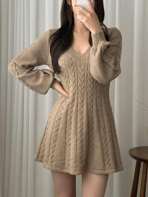 Color Sweet V Neck Cable Knit Long Sleeve Mini Dress