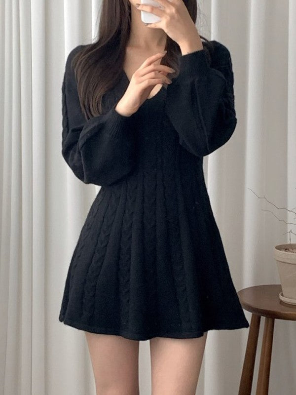 Color Sweet V Neck Cable Knit Long Sleeve Mini Dress