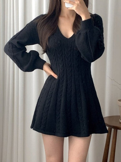 Color Sweet V Neck Cable Knit Long Sleeve Mini Dress
