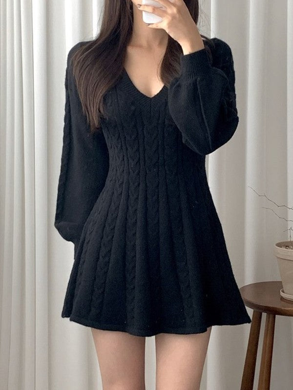 Color Sweet V Neck Cable Knit Long Sleeve Mini Dress