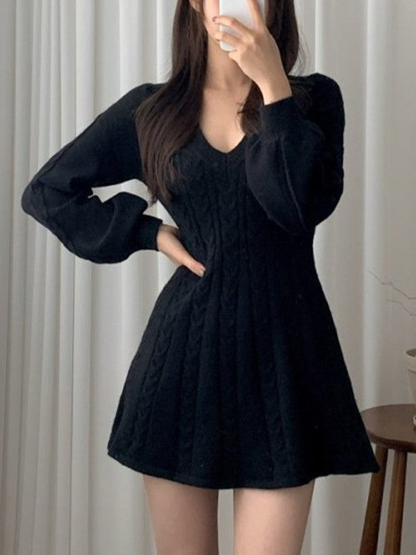 Color Sweet V Neck Cable Knit Long Sleeve Mini Dress