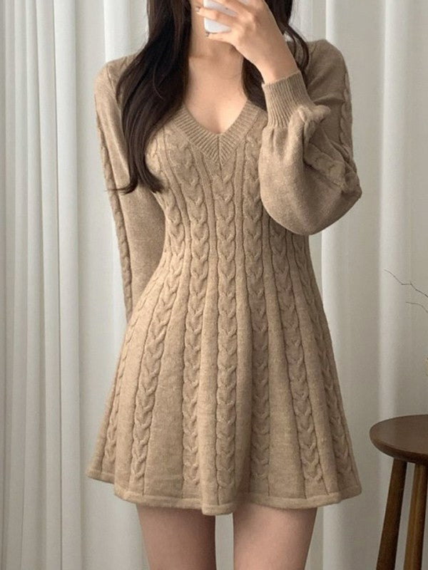 Color Sweet V Neck Cable Knit Long Sleeve Mini Dress