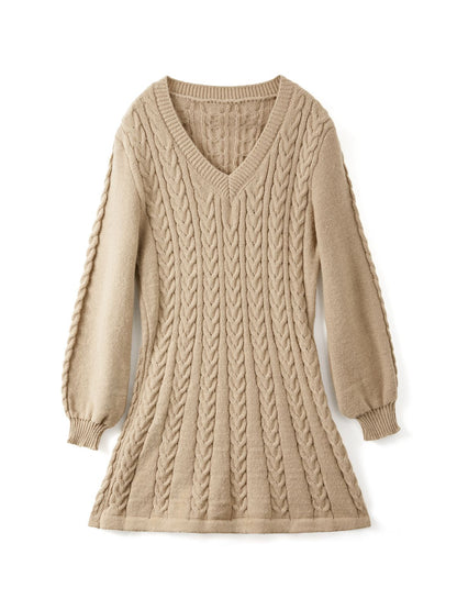 Color Sweet V Neck Cable Knit Long Sleeve Mini Dress