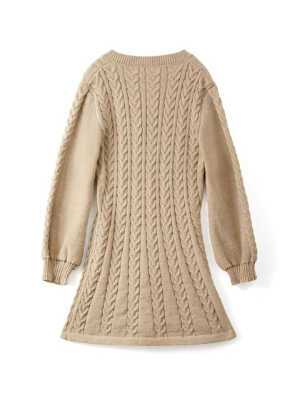 Color Sweet V Neck Cable Knit Long Sleeve Mini Dress