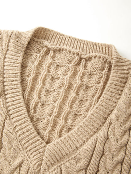 Color Sweet V Neck Cable Knit Long Sleeve Mini Dress