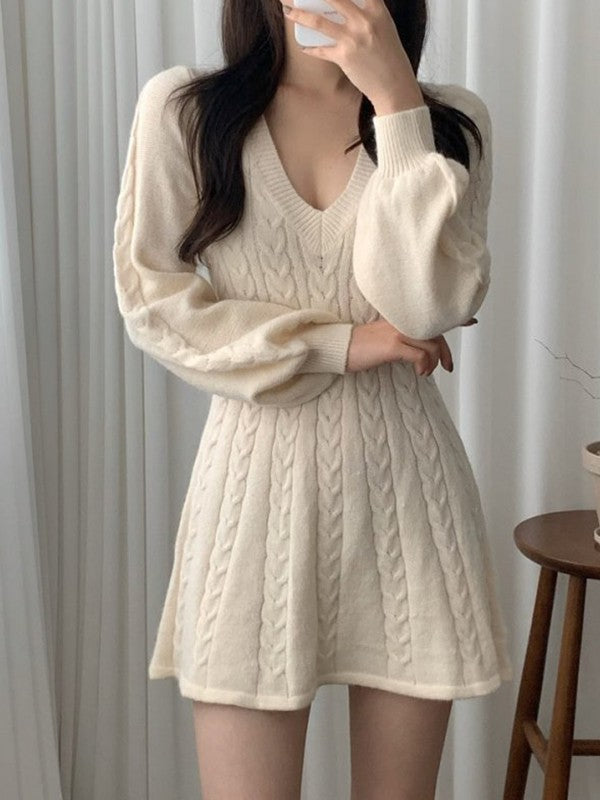 Color Sweet V Neck Cable Knit Long Sleeve Mini Dress