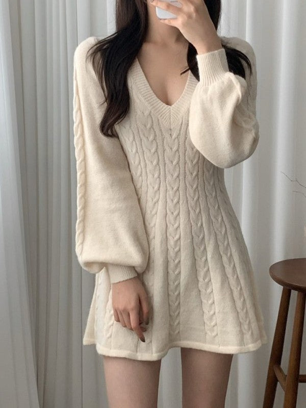 Color Sweet V Neck Cable Knit Long Sleeve Mini Dress