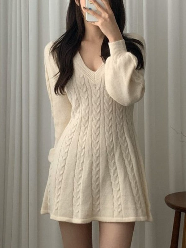 Color Sweet V Neck Cable Knit Long Sleeve Mini Dress