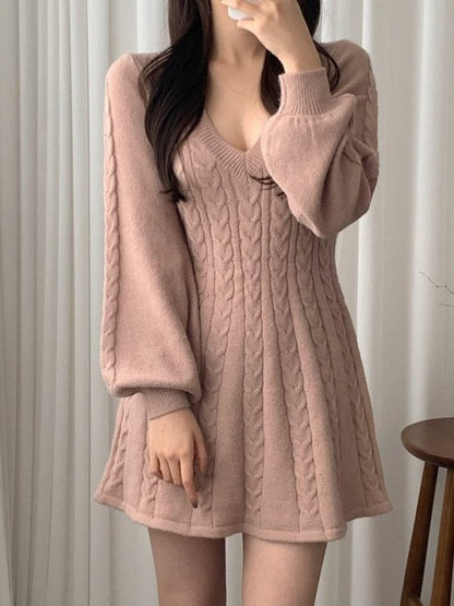 Color Sweet V Neck Cable Knit Long Sleeve Mini Dress