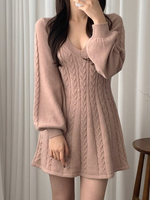 Color Sweet V Neck Cable Knit Long Sleeve Mini Dress