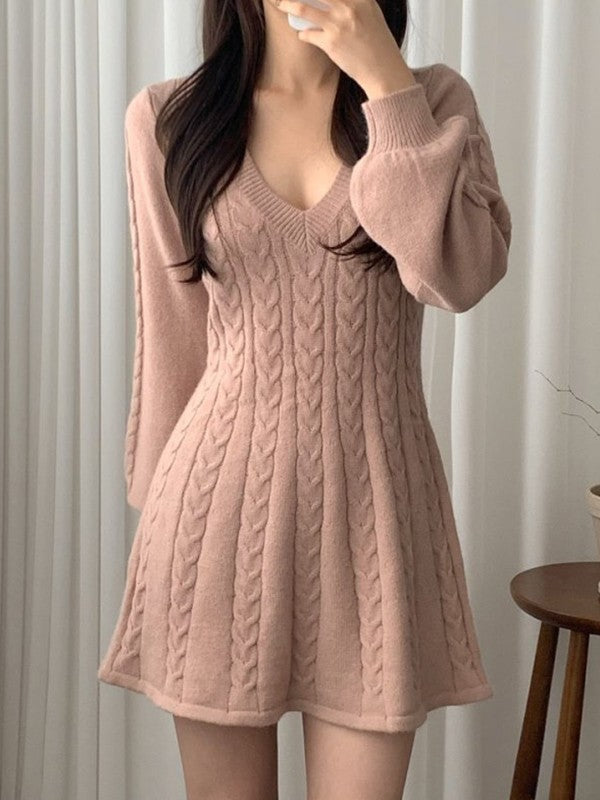 Color Sweet V Neck Cable Knit Long Sleeve Mini Dress