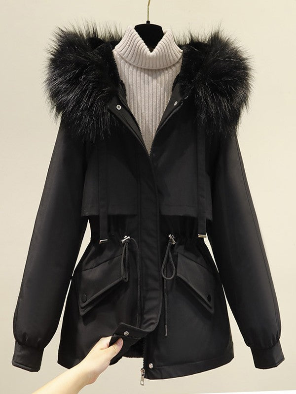 Black Classic Parka Coat With Hood and Vegan Fur