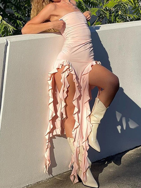 Bandeau Maxi Dress With Irregular Ruffle