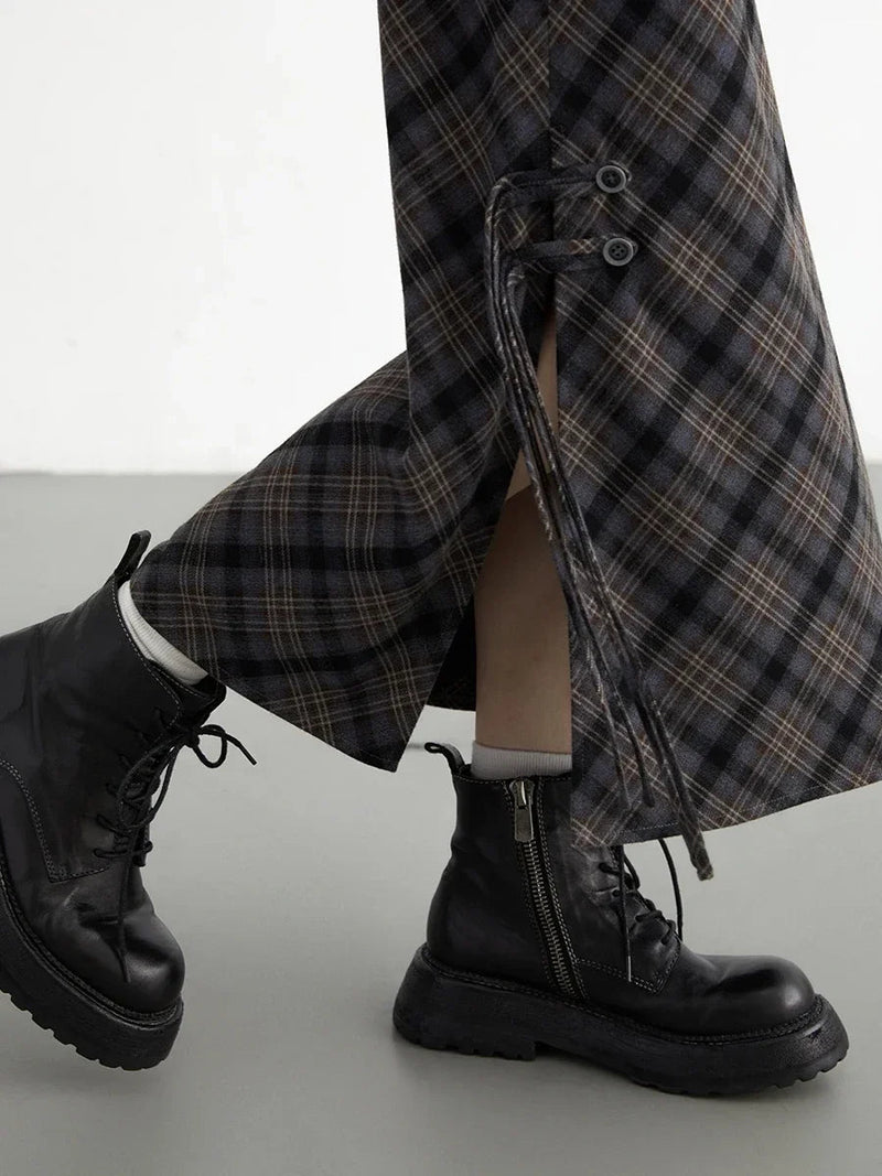 Long Sweet Cool Style High Waist Slit Plaid Tube Skirt