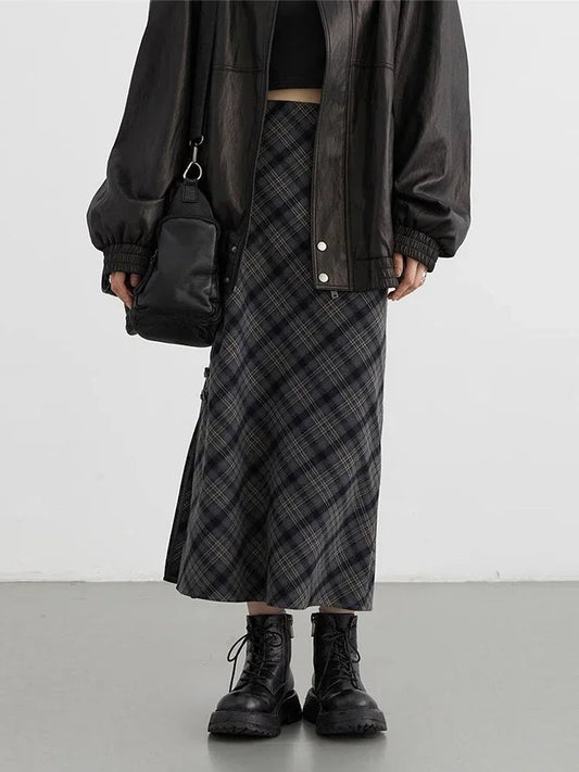 Long Sweet Cool Style High Waist Slit Plaid Tube Skirt