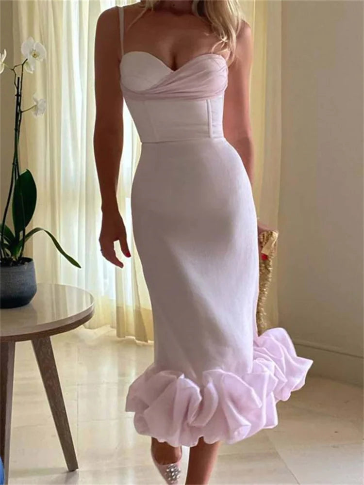 Cocktail Sleeveless Low Cut V-neck Slim Ruched Ruffles Midi Dress