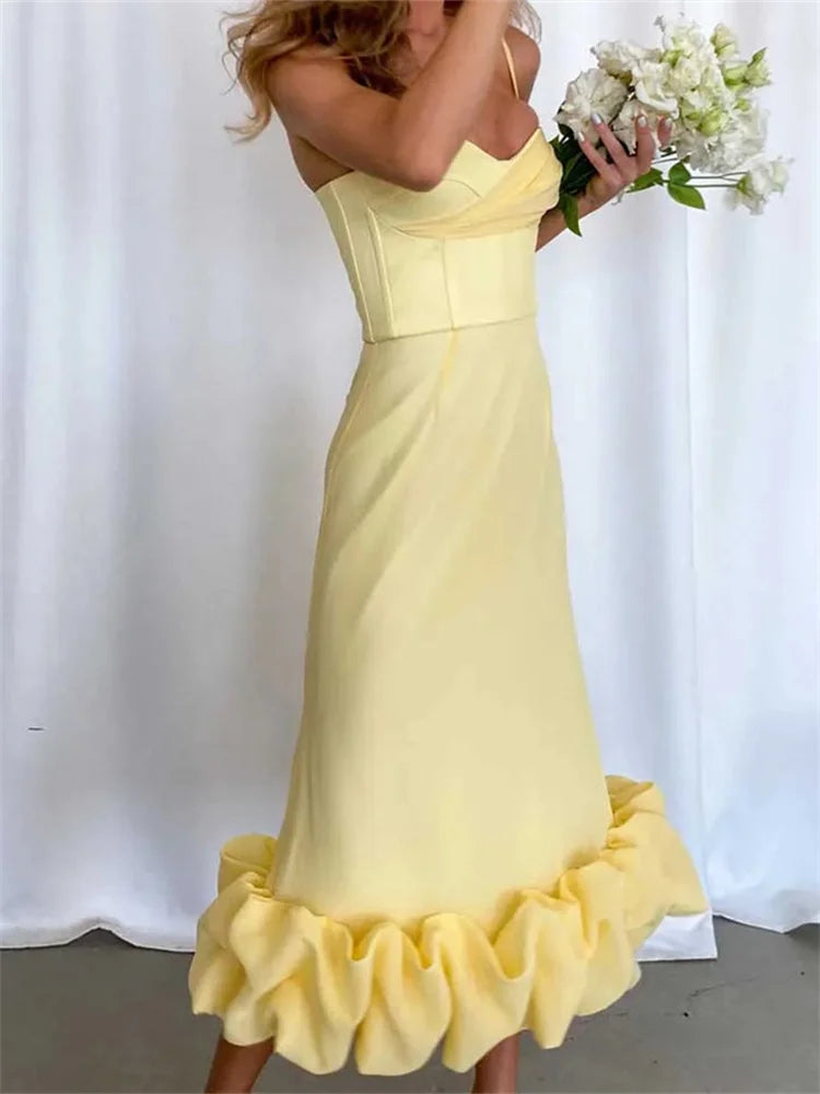 Cocktail Sleeveless Low Cut V-neck Slim Ruched Ruffles Midi Dress