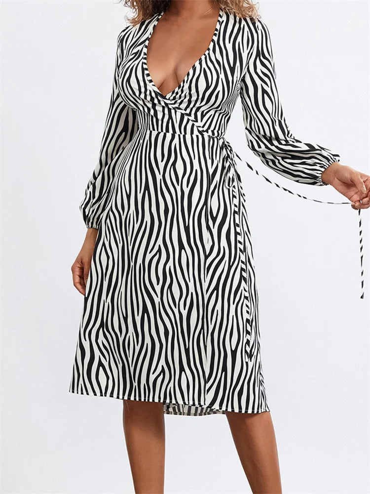 Long Sleeve V-neck Zebra Striped Print Tie-up Midi Dress