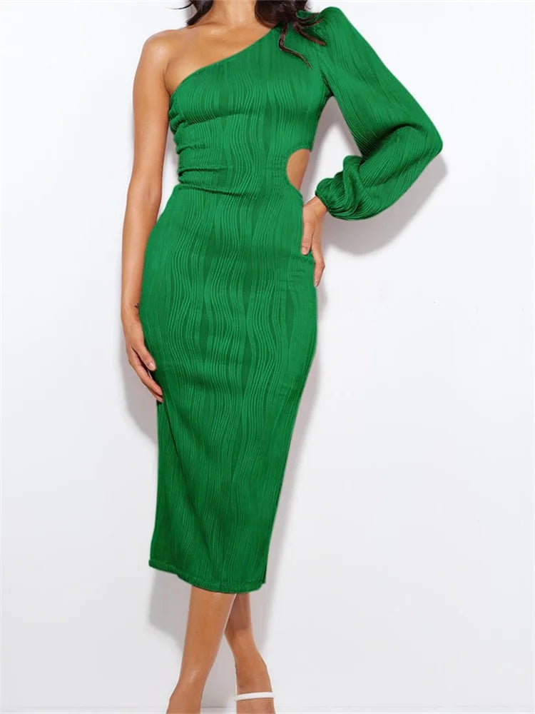 Off Shoulder Long Sleeve Ruched Color Hollow Out Backless Midi Dress