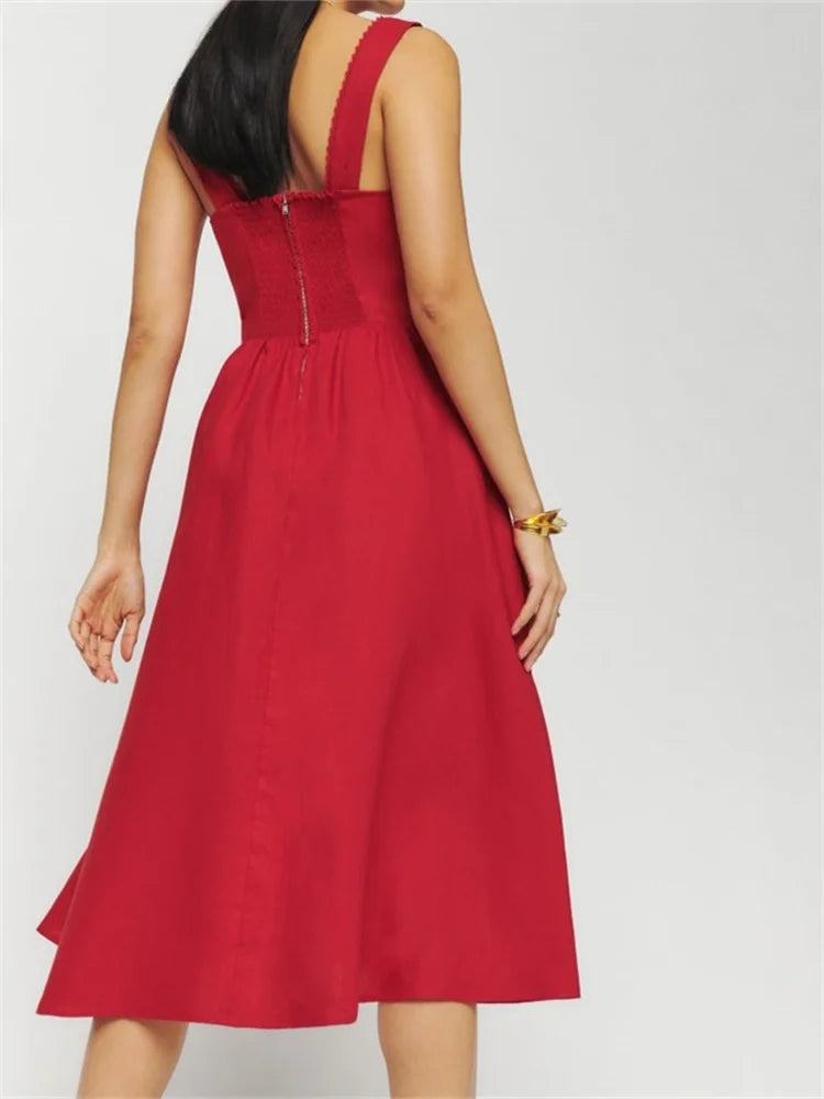Square Neck Button-up Sling High Waist A-line Summer Midi Dress