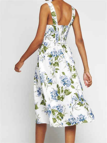 Square Neck Button-up Sling High Waist A-line Summer Midi Dress