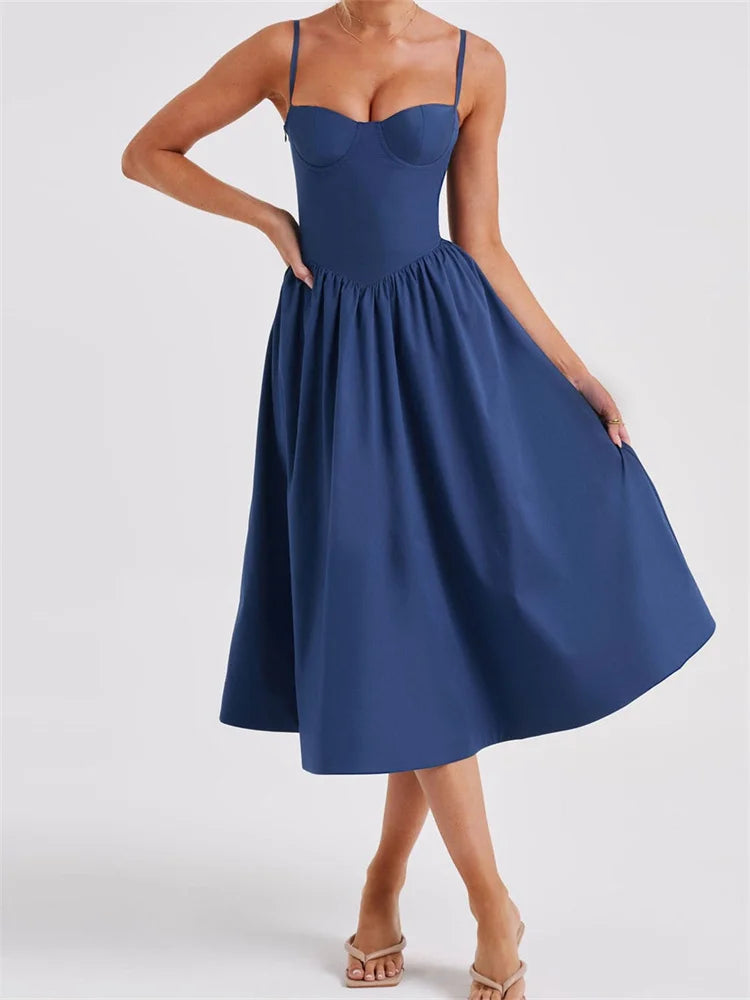 Color Sleeveless Strap Low Cut Backless Formal Midi Dress