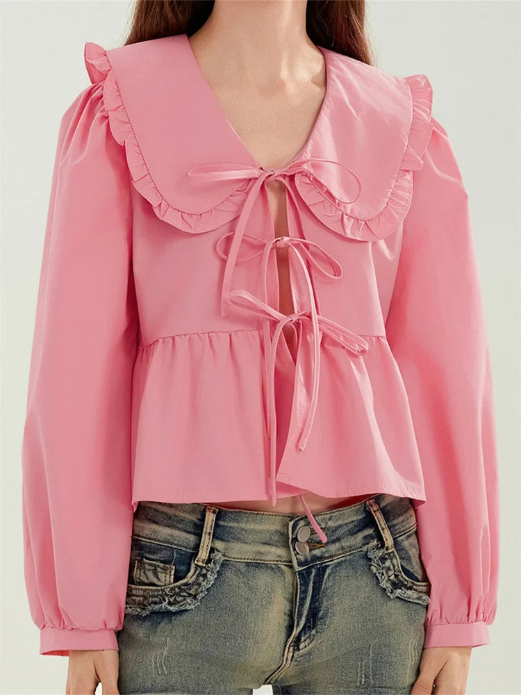 Ruffled Turn-down Neck Tie-up Blouse