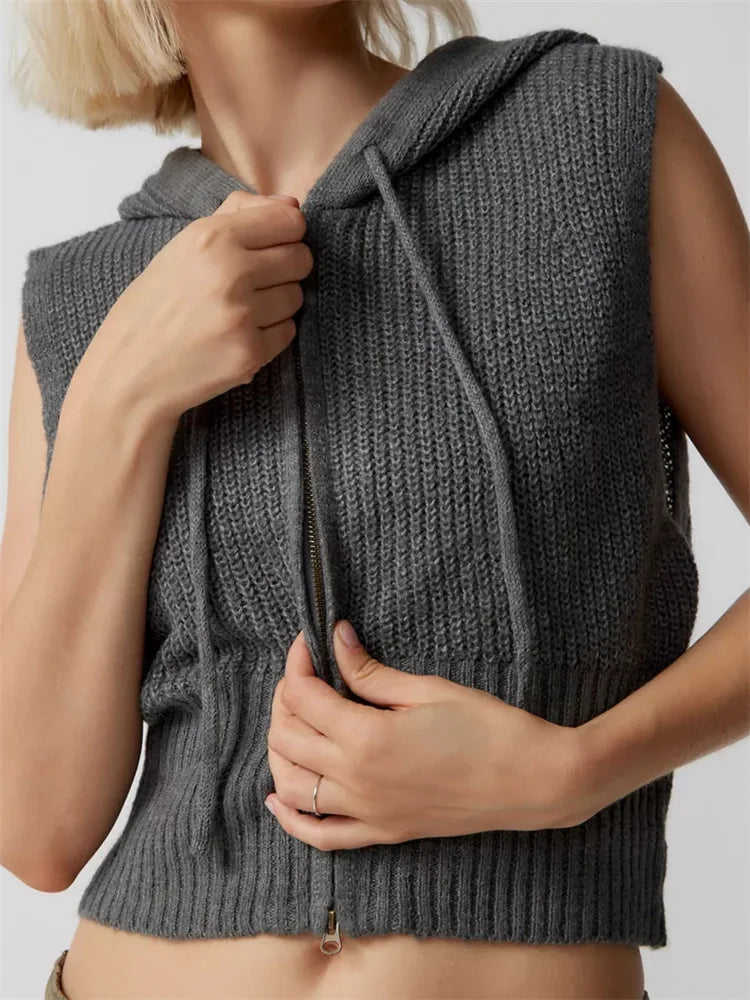 Knitted Hooded Sweater Vest Color Front Zip Up Drawstring Sleeveless Cropped Crop Top