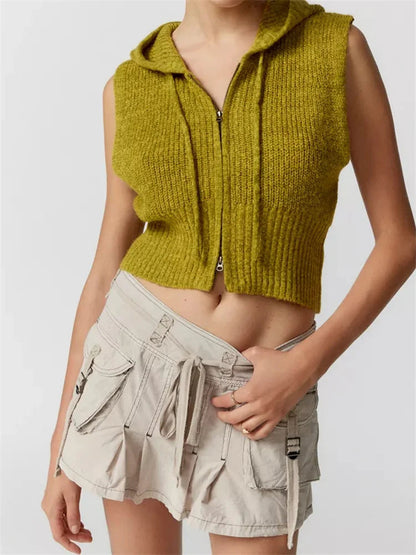 Knitted Hooded Sweater Vest Color Front Zip Up Drawstring Sleeveless Cropped Crop Top