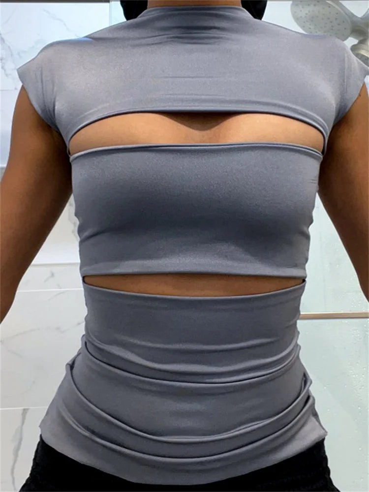 Hollow Out O Neck Slim Fit Basic Y2k T-shirts