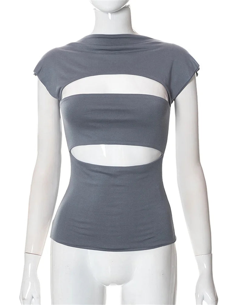 Hollow Out O Neck Slim Fit Basic Y2k T-shirts