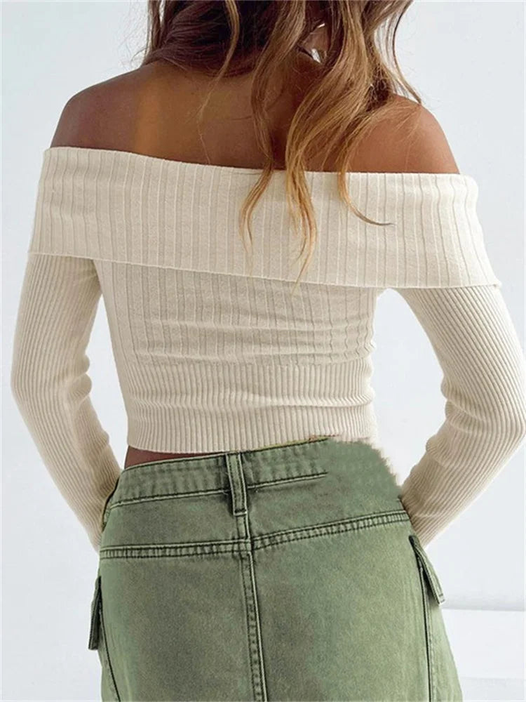 Knitted Ribbed Long Sleeve Crop Slash Neck Off Shoulder Slim Fit T-shirts
