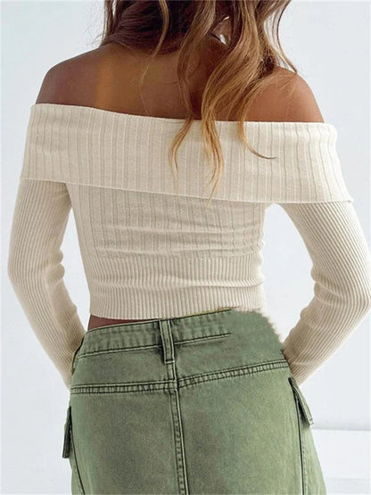 Knitted Ribbed Long Sleeve Crop Slash Neck Off Shoulder Slim Fit T-shirts