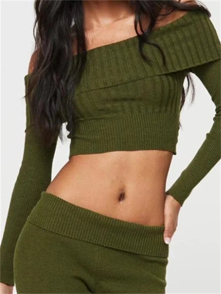 Knitted Ribbed Long Sleeve Crop Slash Neck Off Shoulder Slim Fit T-shirts
