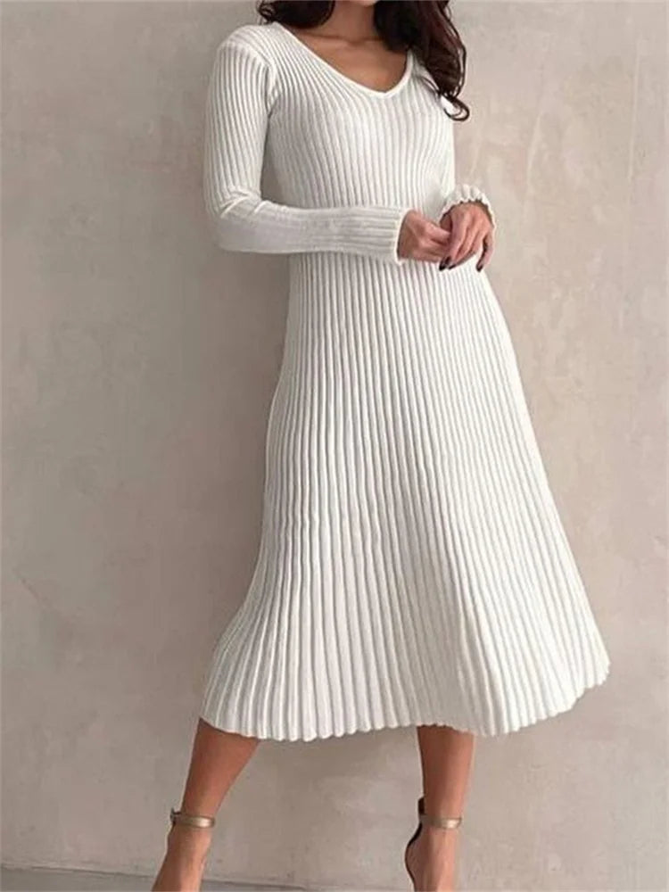 Knitted Ribbed Long Sleeve Slim Fit Autumn Mid Midi Dress