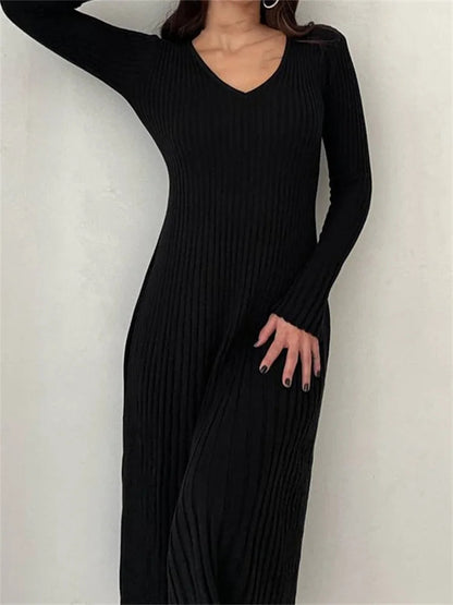 Knitted Ribbed Long Sleeve Slim Fit Autumn Mid Midi Dress