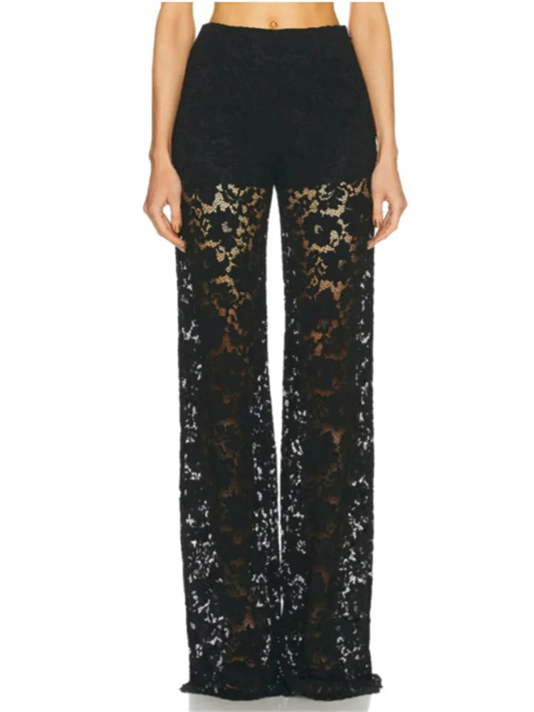 Lace Loose Wide Leg See-through Mesh Pant