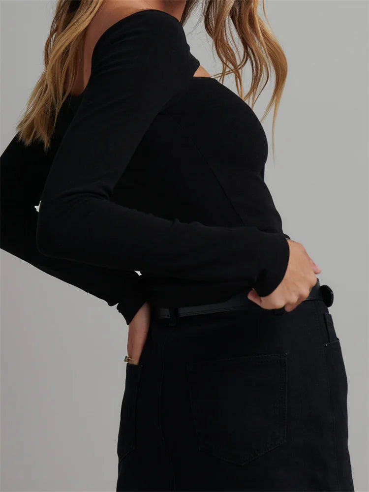 Long Sleeve Front Hollow Out Crop Spring Autumn Color Slim Fit T-shirts