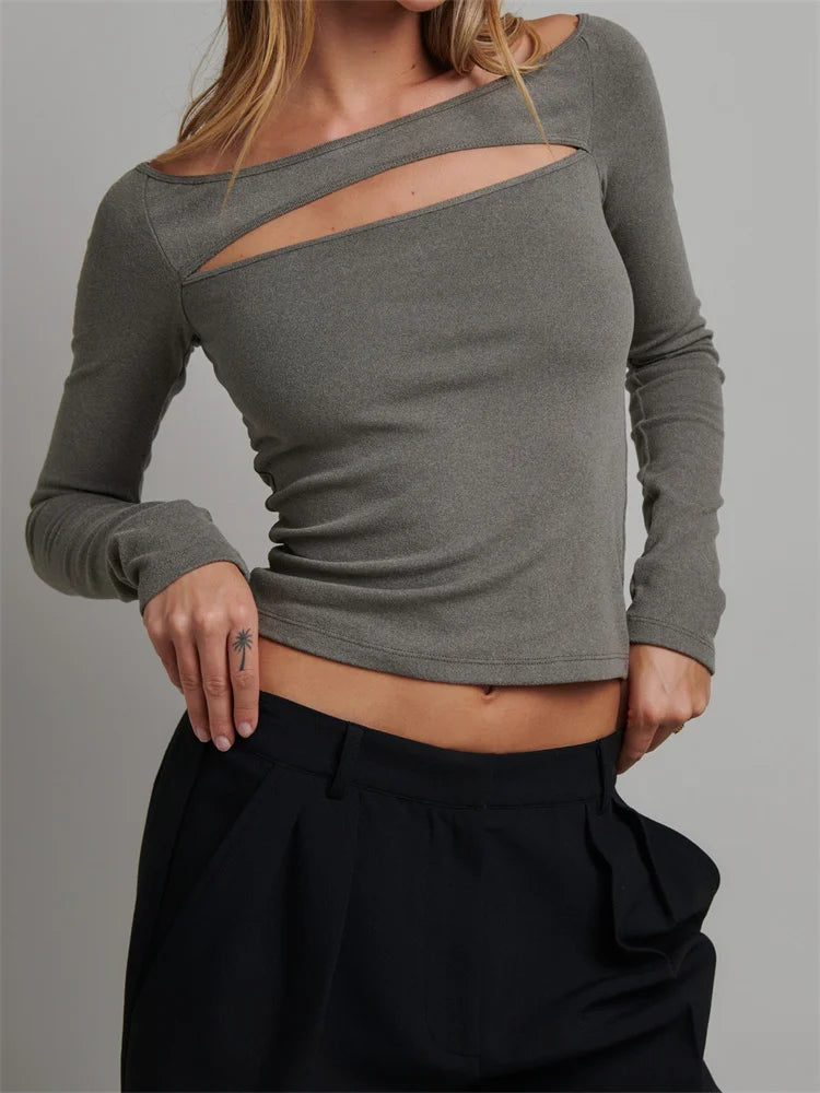 Long Sleeve Front Hollow Out Crop Spring Autumn Color Slim Fit T-shirts