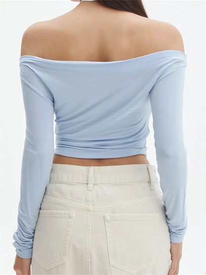 Long Sleeve Off Shoulder Ruched Slim Fit Spring Autumn Female T-shirts