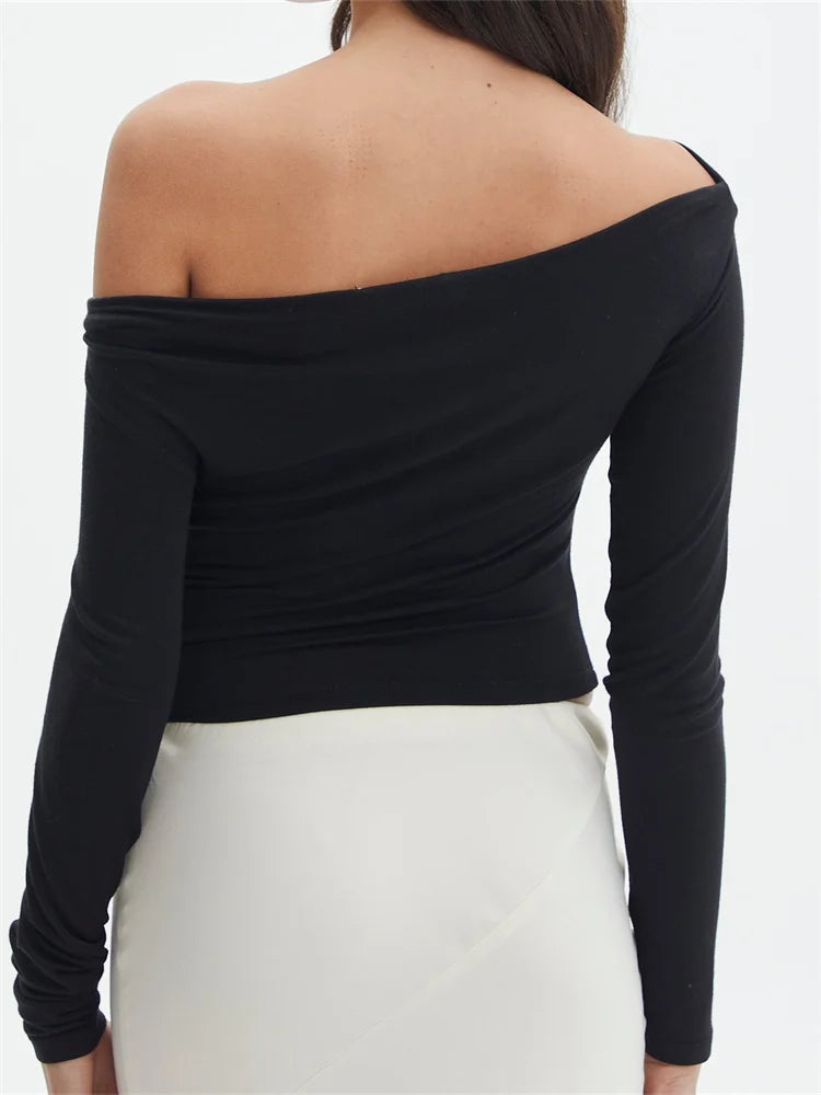 Long Sleeve Off Shoulder Ruched Slim Fit Spring Autumn Female T-shirts