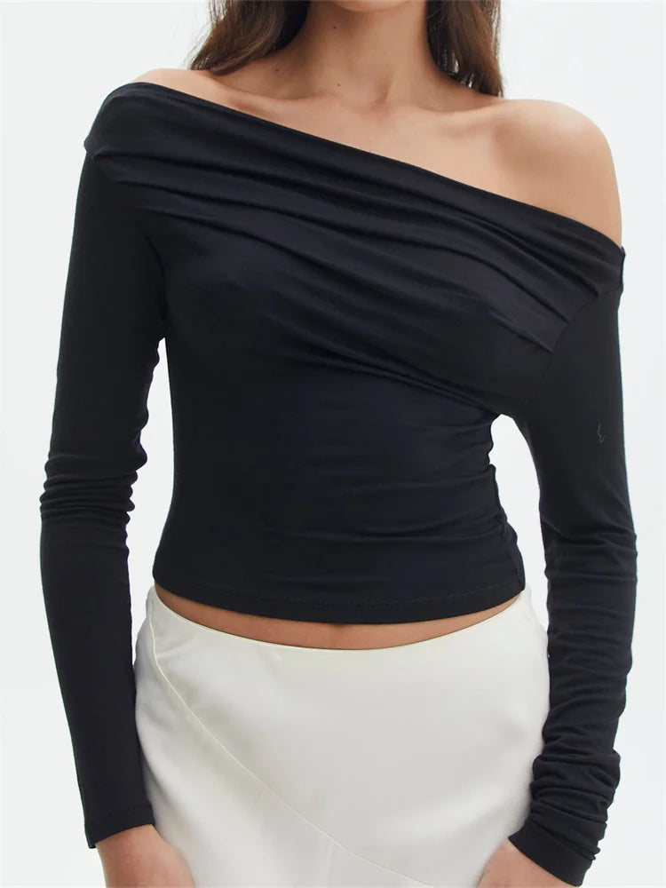 Long Sleeve Off Shoulder Ruched Slim Fit Spring Autumn Female T-shirts