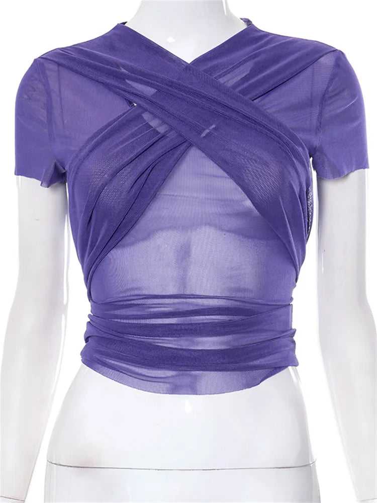 Mesh Sheer See Through Summer Y2k Criss-cross Lace-up T-shirts