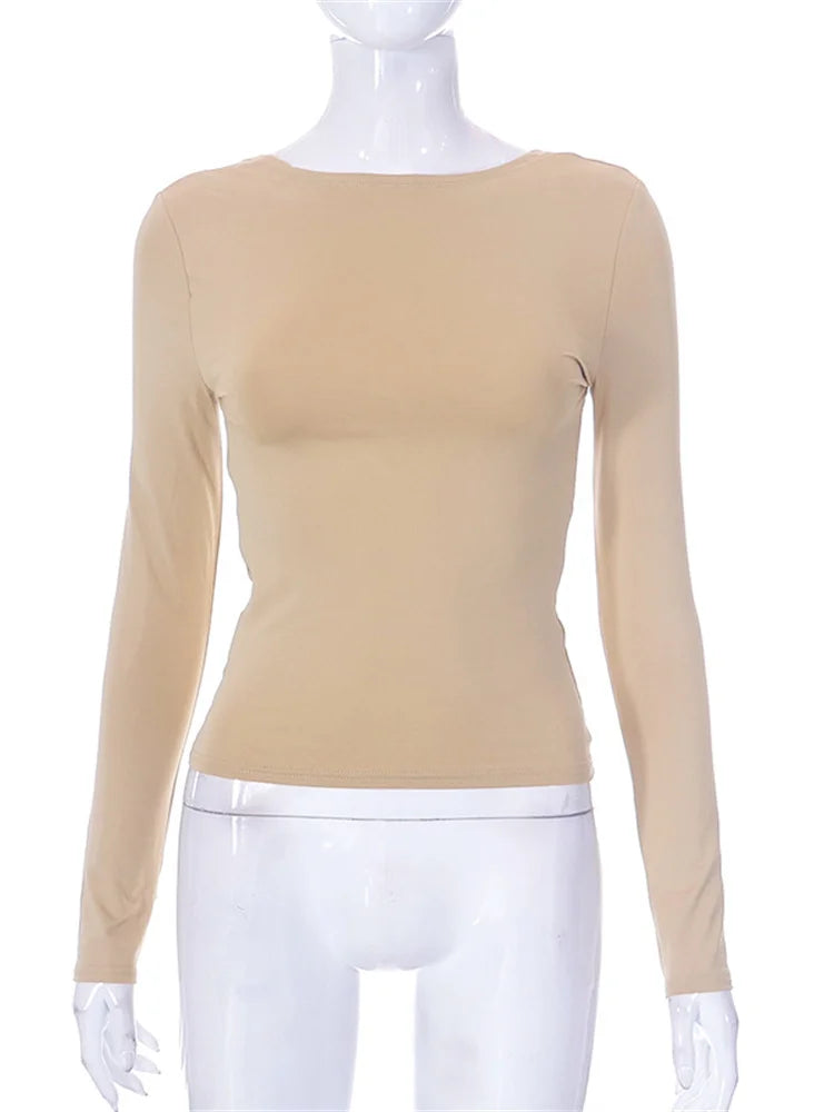O Neck Cropped Spring Autumn Backless Basic T-shirts