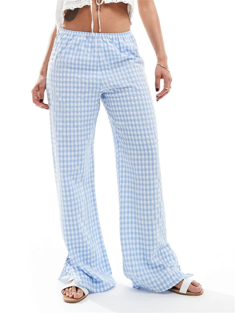 Plaid Split Tie-up Loose Wide Leg Summer Pant