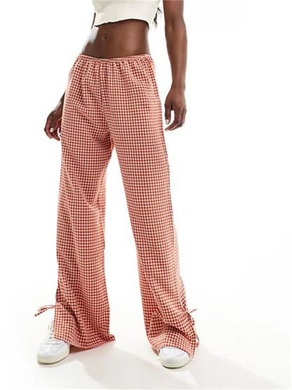 Plaid Split Tie-up Loose Wide Leg Summer Pant