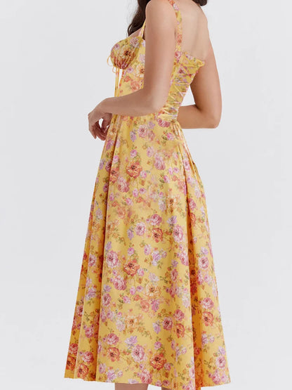 Ruched Sleeveless Strap Square Neck Lace-up High Split Midi Dress