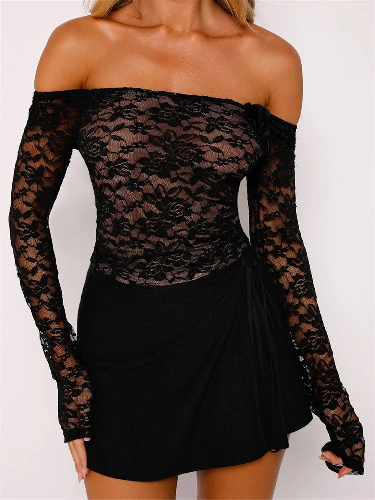 Lace Slash Neck Long Sleeve Off Shoulder Spring Fall T-shirts