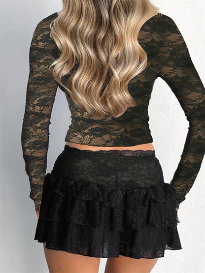 Lace Crop Long Sleeve Pullovers Club T-shirts