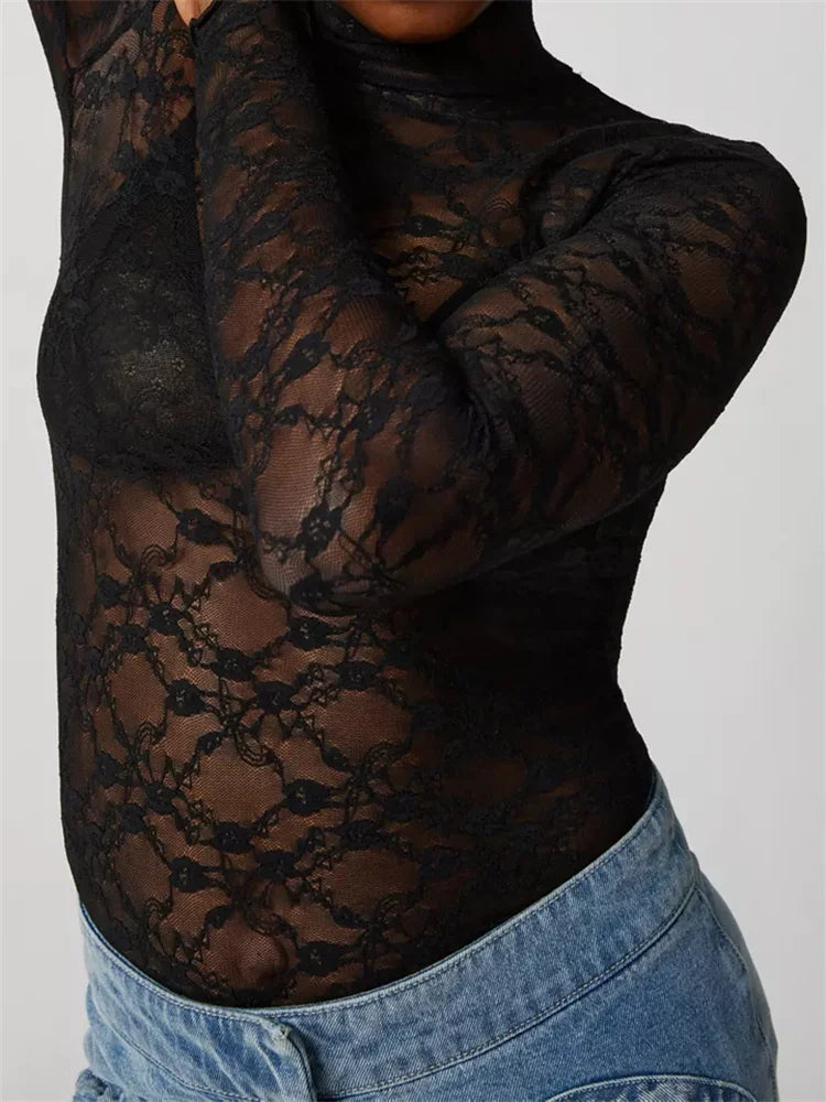 Lace Turtleneck Mesh See Through Fall Club T-shirts